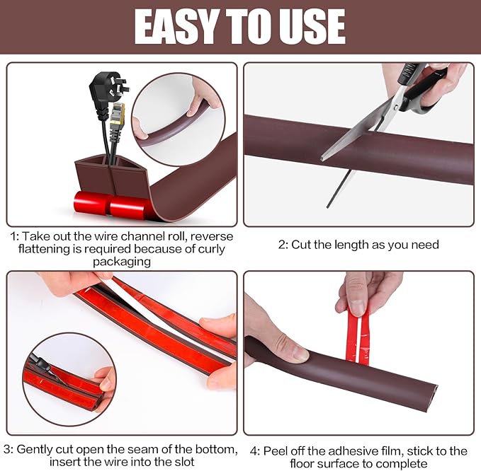 Floor Cord Cover Self Adhesive Cord Hider,10FT Cable Management, Extension Strip Protector for Wires, Prevent Cable Trips for Offices, Gyms, Exhibitions Cavity:0.3"(W) x 0.28"(H) Coffee