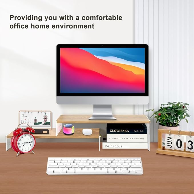 YGYQZ Wood Adjustable Monitor Riser for Desk, 2 Tier Dual Monitor Stand with Acrylic Legs Office Desk Shelf Organizer for Laptop, PC, Printer, Computer (wood-wavy)