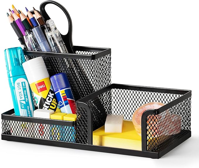 deli Mesh Desk Organizer Office Supplies Caddy with Pencil Holder and Storage Baskets for Desktop Accessories, 3 Compartments, Black