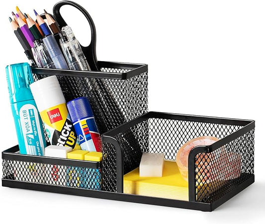 deli Mesh Desk Organizer Office Supplies Caddy with Pencil Holder and Storage Baskets for Desktop Accessories, 3 Compartments, Black
