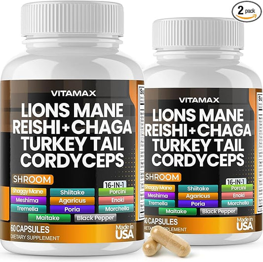 Lions Mane Mushroom, Turkey Tail, Chaga & Reishi, Cordyceps Shiitake White Elm King Trumpet Nameko Oyster Porcini Focus & Energy - Made in USA