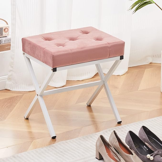 Wimarsbon Ottoman Foot Stool Tufted Vanity Stool Ottomans Thickened Cushion Footstool Mulifunctional Shoe Changing Seat Step Stools with Metal X Leg for Living Room Bedroom Velvet Dusty Pink
