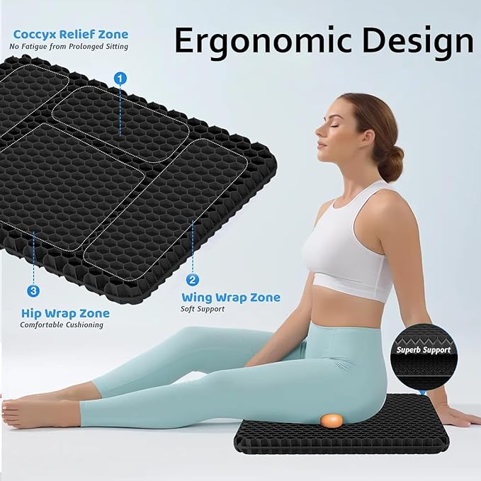 Gel Seat Cushion, Super Large Gel Cushion Chair Pads with Non-Slip Cover for Home Office Car Seat Wheelchair, Soft Breathable Honeycomb Seat Cushion for Relieve Hip Pain, As Seen On TV (Black)