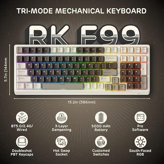 RK ROYAL KLUDGE F99 Wireless Mechanical Keyboard with Numper Pad, Tri-Mode Hot Swappable 95%100 Keys Gaming Keyboard BT/2.4G/USB-C, Pro Software, 5000mAh Battery, Customed Tactile Switches