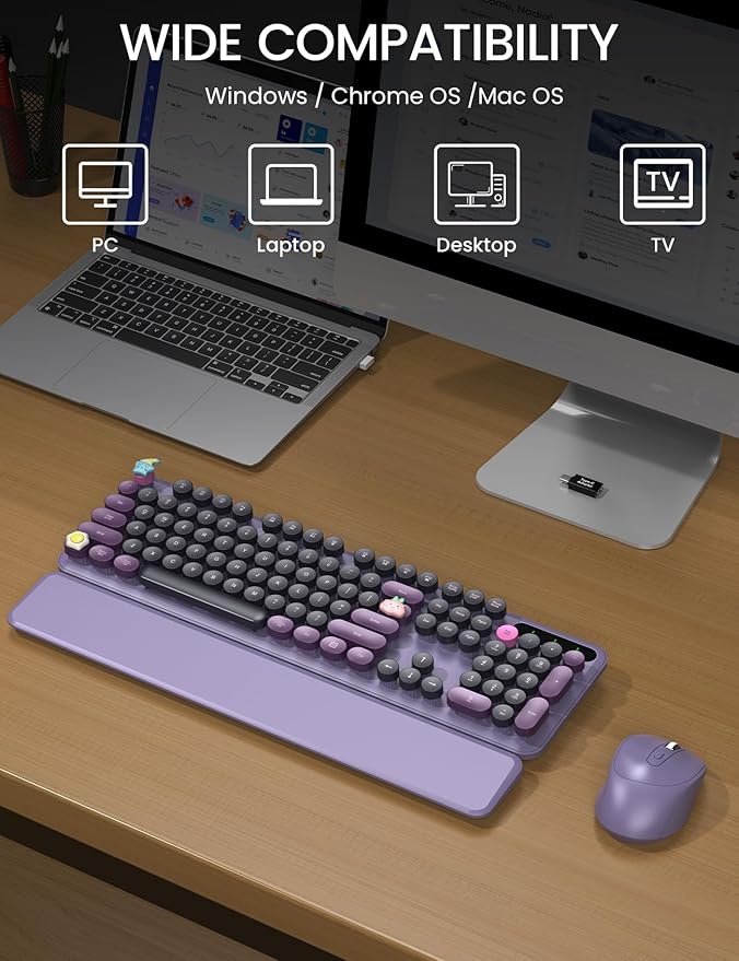 Wireless Keyboard and Mouse - Cute Typewriter Keyboard with Detachable Wrist Rest, Retro Round Keycaps, Foldable Legs, 2.4GHz Full-Size Keyboard Combo for PC, Laptop, Windows - Trueque (Grape Purple)