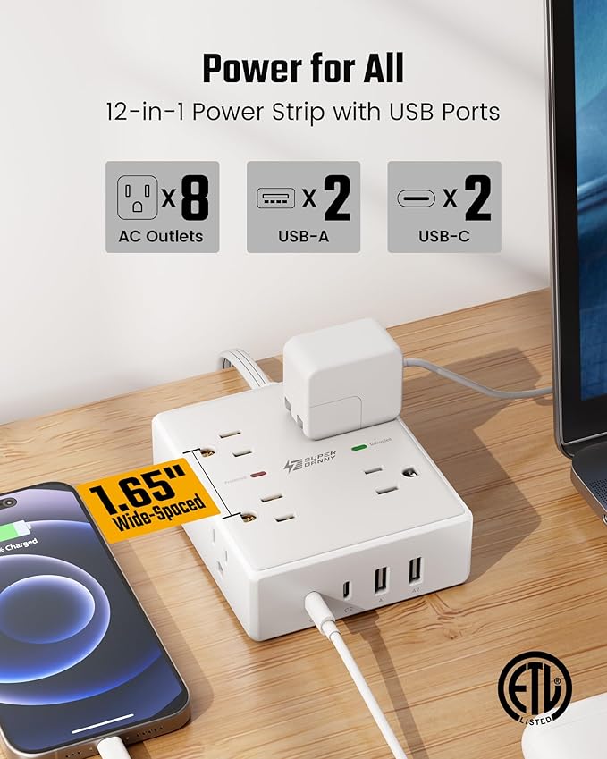 10Ft Extension Cord with Multiple Outlets, Flat Plug Surge Protector Power Strip 10 Ft Long Cord, 8 Outlets & 4 USB Ports (2 USB C), Desk Charging Station for Home Office, College Dorm Room Essentials