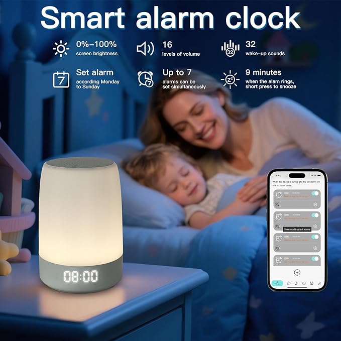 White Noise Sound Machine,White Noise app Night Light,Bluetooth Sleep Music Alarm Clock,Bedroom Nursery Baby Adults Portable Travel Sunset lamp