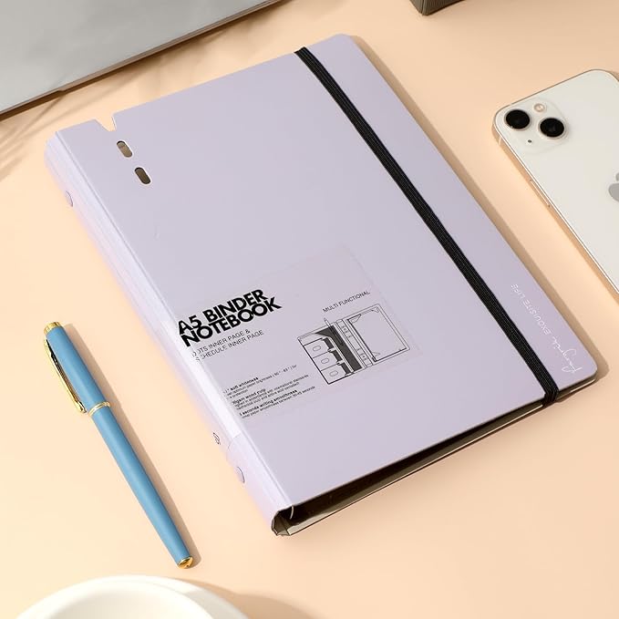 CAGIE A5 Binder 6 Ring Notebook with Dividers Refillable Planner Binder with Pockets, Refill Paper Include Planning Square Ruled and Dotted Pages, 6.89 x 9.25 In, (Purple, A5 Daily&Dot Page)