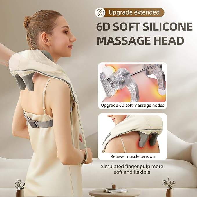 Cordless Neck Massager with Heat, Electric Neck Shoulder Massager with Heat, Kneading, 6-Point for Deep Tissue Pain Relief, Rechargeable Battery, Brushless Motor