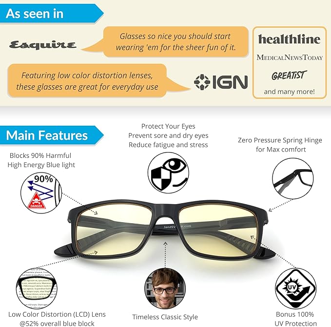 J+S Vision Blue Light Blocking Glasses for Men Women | Computer Gaming Work| Anti Strain Fatigue UV Glare | Medium-Small Fit