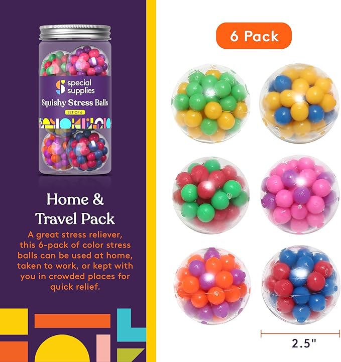 Special Supplies Sensory Squishy Stress Balls, Squeeze, Color Sensory Toy - Relieve Tension, Stress - Home, Travel and Office Use - Fun for Kids and Adults (6 Pack-Style#1)