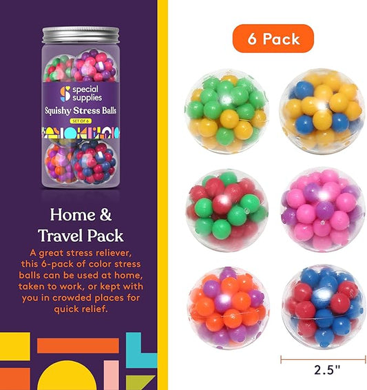 Special Supplies Sensory Squishy Stress Balls, Squeeze, Color Sensory Toy - Relieve Tension, Stress - Home, Travel and Office Use - Fun for Kids and Adults (6 Pack-Style#1)