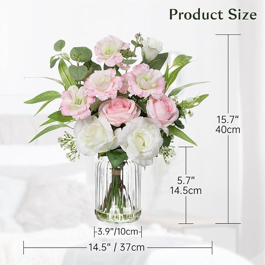 Hollyone Fake Flowers in Vase with Faux Water Artificial Silk Rose Flowers Arrangement with Eucalyptus Plants with Vase Faux Silk Rose Flowers Bouquets Table Centerpieces Office Bathroom Home Decor
