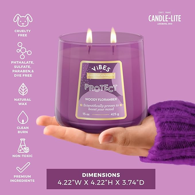 Candle-Lite Vibes Woody Floramber Mood-Enhancing Scented Candles, 15 oz Jar, Aromatherapy, Proudly Poured in The USA, 2-Wick, 86 Hours Burn Time, Perfect Relaxation Gift