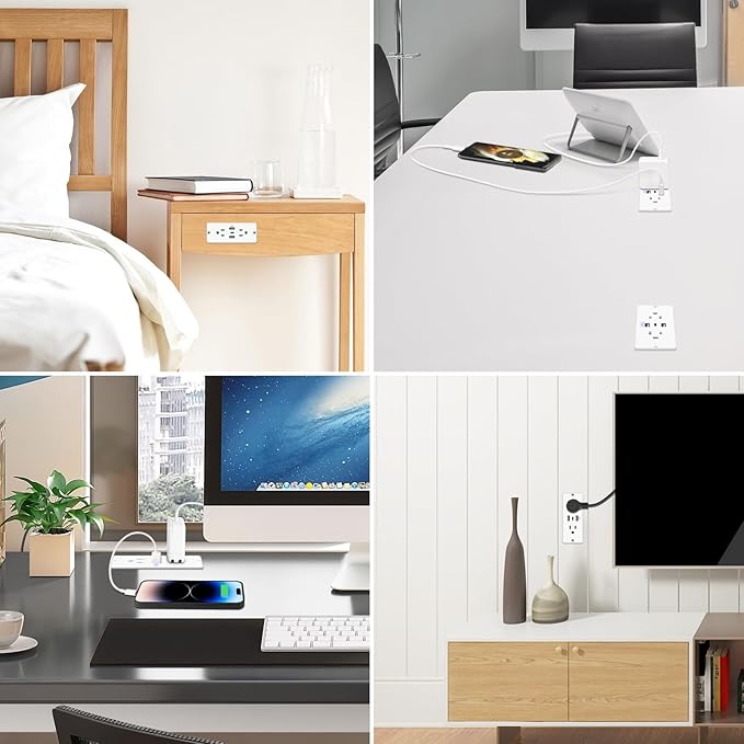 HHSOET 5 in 1 Recessed Power Strip Flat Plug, 20W Fast Charging Furniture Outlet with USB, Conference Recessed Socket with 2 AC Plugs, 2 USB Ports 1 USB-C, 6ft Power Cord. (White)