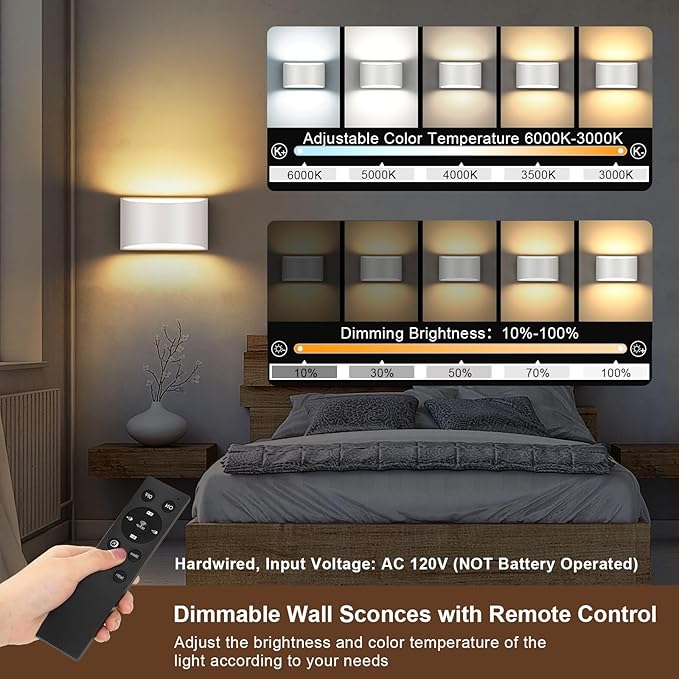 TRLIFE Modern LED Wall Sconces, Remote Control Dimmable and Adjustable Color Temperature 3000K~6000K Aluminum 12W Hardwired 120V AC Dimmable Wall Mounted Light for Bedroom Living Room(White, 2 Pack)