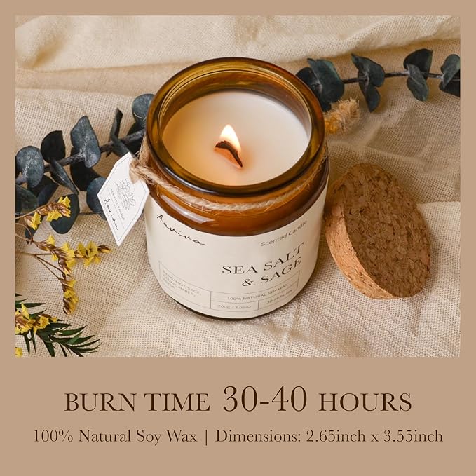 Scented Candle, 7.05 oz Sea Salt & Sage Aromatherapy Candle, Natural Soy Wax with Wooden Wick, Candles for Home Scented, Stress Relief Amber Jar Candle Gifts