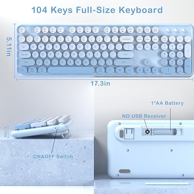Colorful Wireless Keyboard and Mouse Combo, COVEVA 2.4GHz Wireless Retro Cute Round Keycaps Keyboard, 104 Keys Full-Sized Keyboard Mouse Set with Switch Button for PC Laptop Desktop (Blue Gradient)