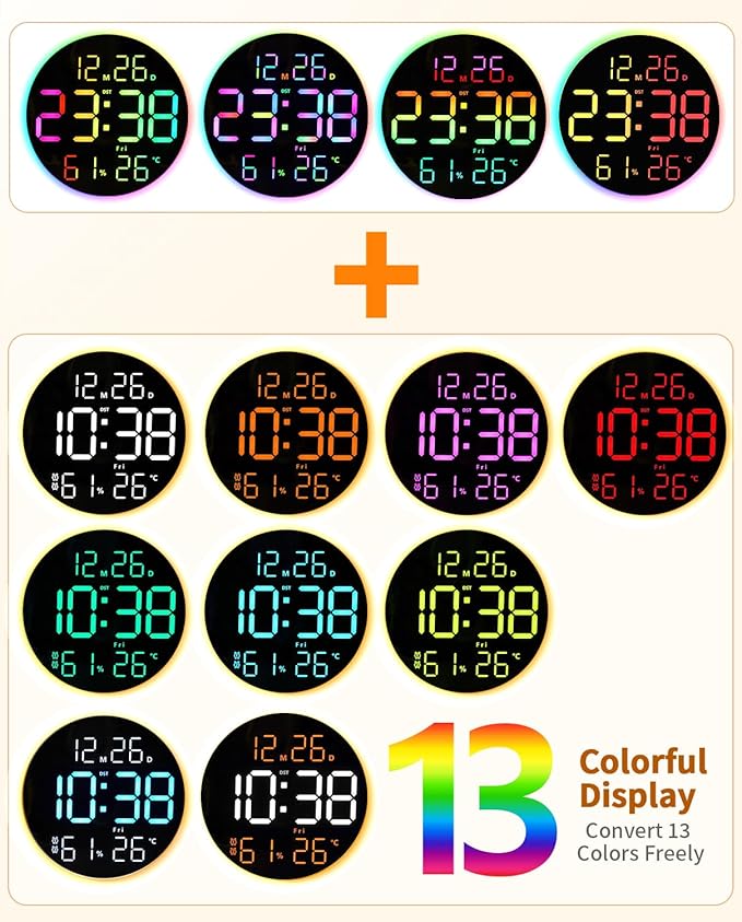 10 Inch Large Digital Wall Clock with 13 Color Changing Remote Control, Date Week Temperature, Auto Brightness Dimmer Big Clock with Night Lights,RGB