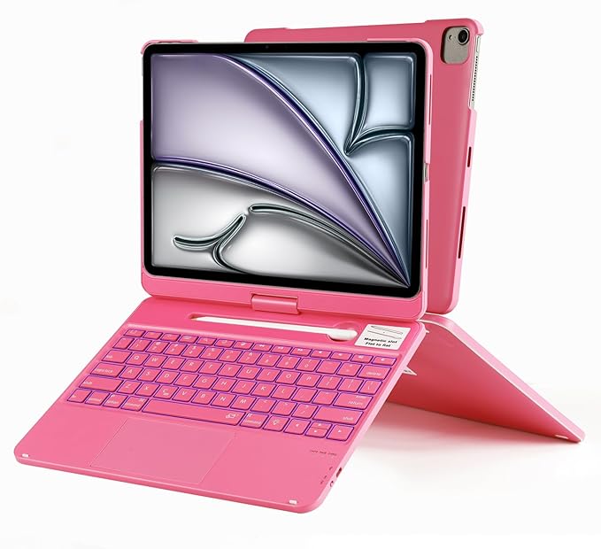 Keyboard Case for iPad Air 13 inch M3 2025&M2 2024, 360 Rotatable Wireless Folio 180 Swivel Stand Hard Cover Auto Sleep/Wake up Pink