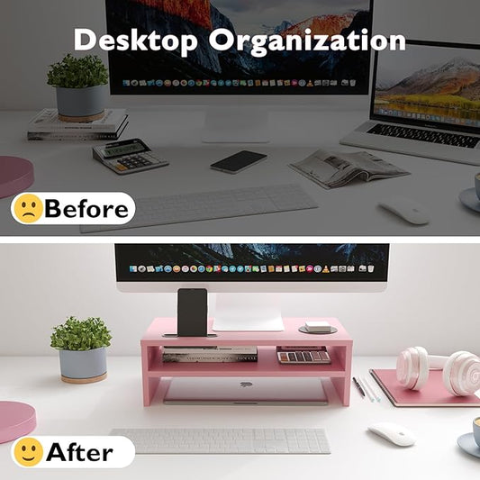 BONTEC Wooden Monitor Stand Riser, 2-Tier Desk Shelf with Storage Organizer, Ergonomic Computer Stand with Cable Management, Cellphone Holder, Pink, 16.5 Inch