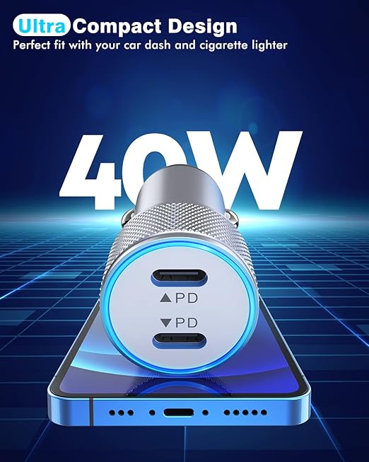 iPhone Car Charger,Dual Port USB C Fast Car Chargers,40W Type C i Phone Charger for Cars Quick Charging+2pack 3.3ft Lightning Cable + 20W USBC PD Plug Fast Charging for iPhone 14/13/12/11 Pro Max/iPad