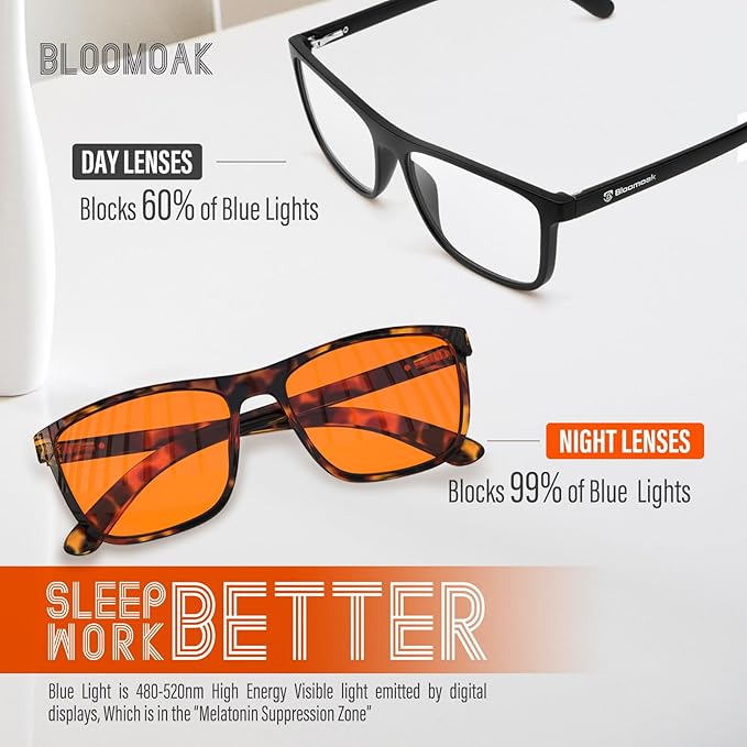 Bloomoak-99% Blue Green Light Blocking Glasses - Gaming Glasses - Anti Glare - Anti Fatigue -Suitable for Screens, Games, TVs