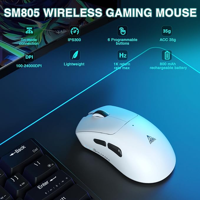 SM805 Lightweight Wireless Gaming Mouse,24000 DPI,Tri-Modes Connection,BT5.0/Type-C Wired/2.4G Wireless Mouse Gaming with 2 Side Buttons, Engineering Grip Custom Mouse for Gamer,White