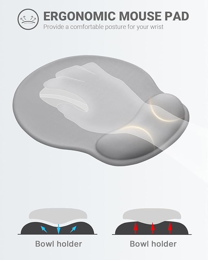 Ergonomic Mouse Pad Wrist Support, Comfortable Mouse Pad Wrist Rest, Relieve Wrist Pain Gel Mouse pad, Non-Slip Rubber Base Mousepad for Laptop, Computer, Prefect for Office & Home(Gray