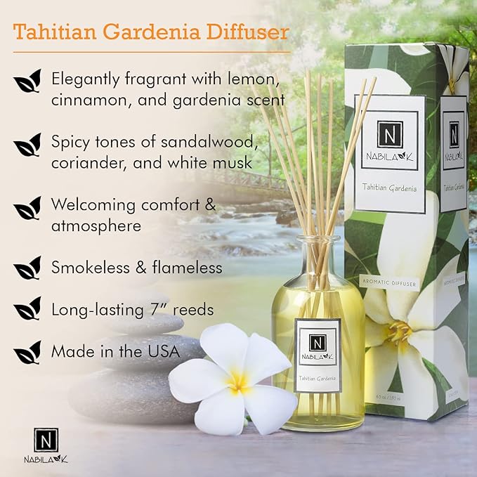 Nabila K Tahitian Gardenia Reed Diffuser Set – Exotic Floral & Spiced Aromatic Oil for Home – Long-Lasting, Smokeless Scent – Made in USA – Includes Reeds + Bottle – Flameless Candle Alternative