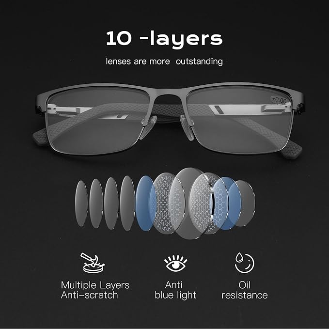 ZENOTTIC Reading Glasses Men: Blue Light Glasses Metal Square Frame - Computer Readers Nose Pads - Spring Hinge Eyeglasses