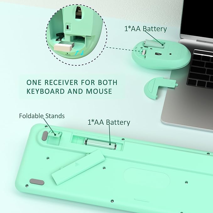 Colorful Wireless Keyboard and Mouse Combo, COVEVA 2.4GHz Wireless Retro Cute Round Keycaps Keyboard, 104 Keys Full-Sized Keyboard Mouse Set with Switch Button for PC Laptop Desktop (Green Colorful)