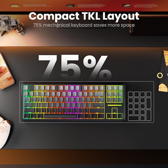 Redragon Wireless Mechanical Keyboard,3-Modes Bluetooth Gasket Hot Swappable TKL RGB Custom Keyboard,Pre-lubed Switches,Side Printed PBT Gradient Keycaps, South-Facing LEDs Socket