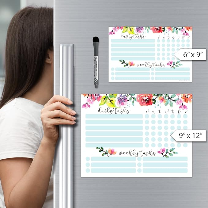 Dry Erase Whiteboard Task Planner | Removable and Restickable Adhesive Decal | Fine-Tip Magnetic Marker Included (6 x 9 inches, Floral)