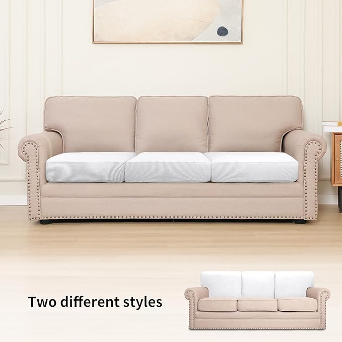 Easy-Going Stretch Individual Chair Couch Cushion Cover Sofa Cushion Furniture Protector Sofa slipcover Soft Flexibility with Elastic Bottom (3-Piece Sofa Cushion Cover, Snow White)