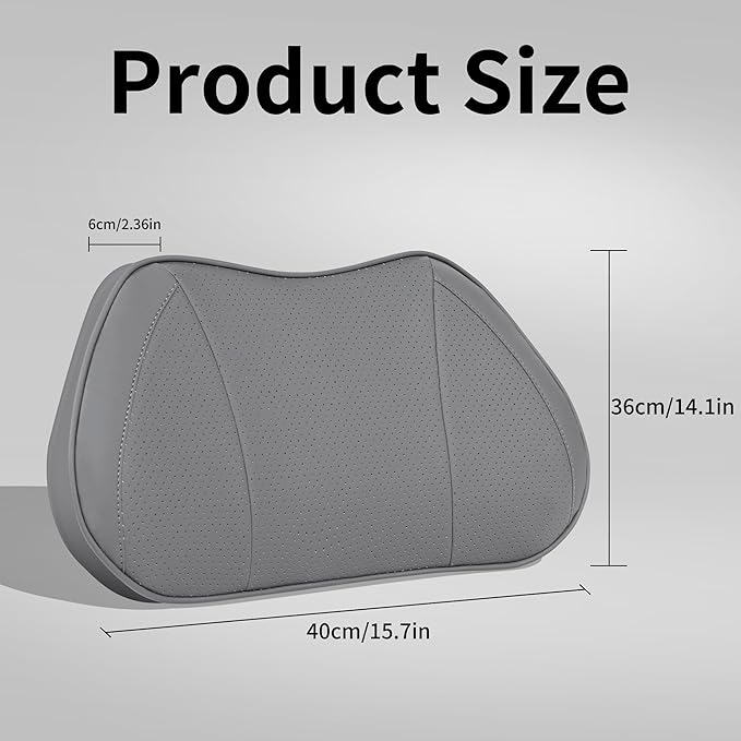 Lumbar Support Pillow for Car, Premium Leather Memory Foam Lumbar Cushion for Lower Back Pain Relief, Universal Back Support for Driving, Home & Office Chairs, Gray, 1 Pack