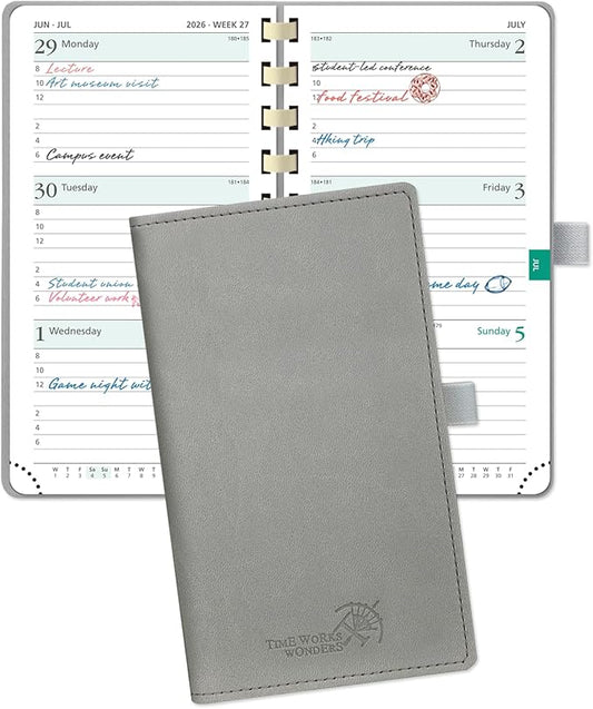 POPRUN 2026 Pocket Planner (Slim Size 3.5" x 6.5") Weekly and Monthly Calendar for Purse, with Hourly Time Slots, 100GSM Thick Paper, Spiral Soft Cover, Pen Holder - Grey