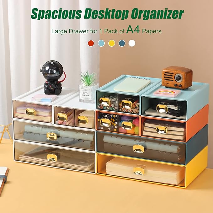 Spacious Desk Drawers, Stackable Desktop Organizer, Plastic Storage Box for Office, School & Home Supplies (2 Middle Drawers, BU & CYAN)