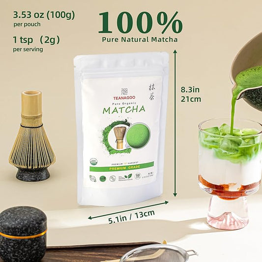 TEANAGOO Premium Grade Matcha Powder, Matcha Green Tea for Premium Latte/Breakfast Beverage/Daily Green Tea, USDA Organic Ceremony Tea, Unsweetened No Additives, First Harvest, 1.06oz(30g)