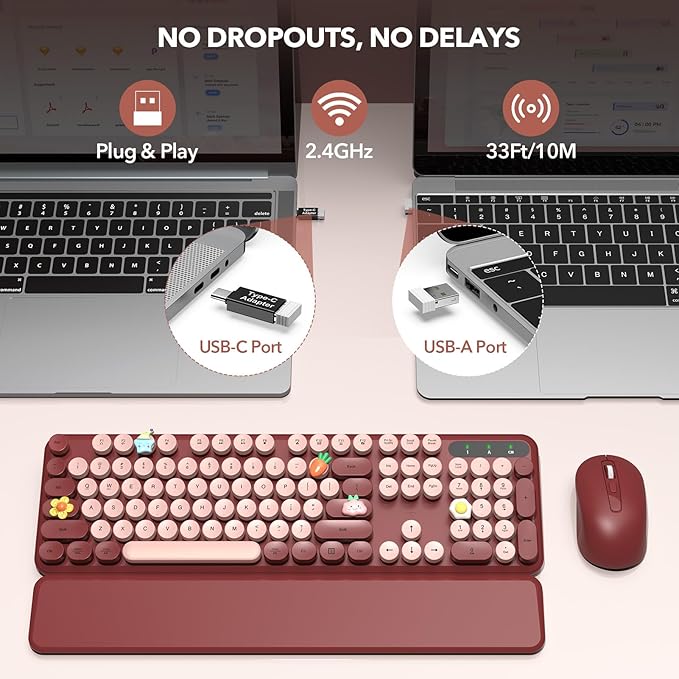 Wireless Keyboard and Mouse Combo - Retro Keyboard with Round Keycaps, Full-Size Typewriter Keyboard with Detachable Wrist Rest, 2.4GHz Connection for Mac/Windows/PC (Wine Red)