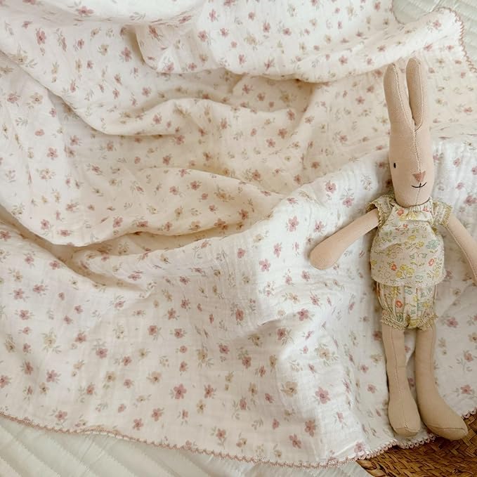 BuLuTu Muslin Cotton Girls Kids Toddler Blanket Pink Floral Blankets for Crib Toddler Bed Blankets Lightweight Children Nap Time Blanket for 1 2 3 4 5 6 Year Old Toddlers, 1 pc, 47"x51"