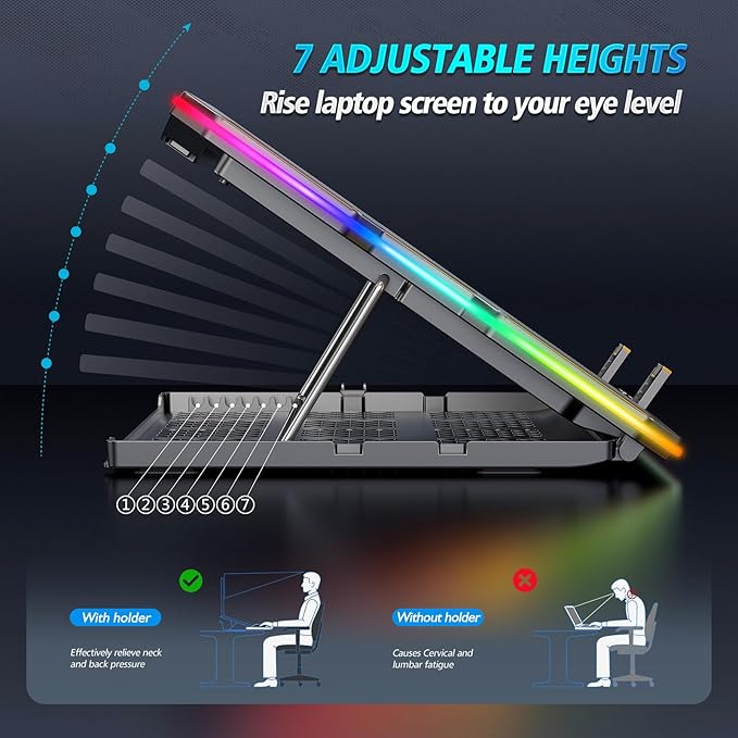 Gaming Laptop Cooling Pad, Laptop Cooler with 15 Quiet Fans for 12-17.3 Inch Notebook, Slim Portable Laptop Cooling Stand with 7 Height Adjustable, 2 USB Ports, Phone Stand