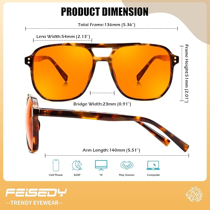 FEISEDY Amber Blue Light Glasses for Computer Gaming Anti Eyestrain Sleep Glasses G2835
