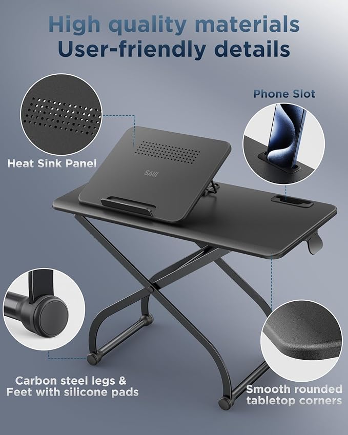 SAIJI Metal Small Laptop Standing Converter, 23" Height Adjustable Desk Riser for Tabletop, Sit-Stand Workstation, Table Extender for Desk