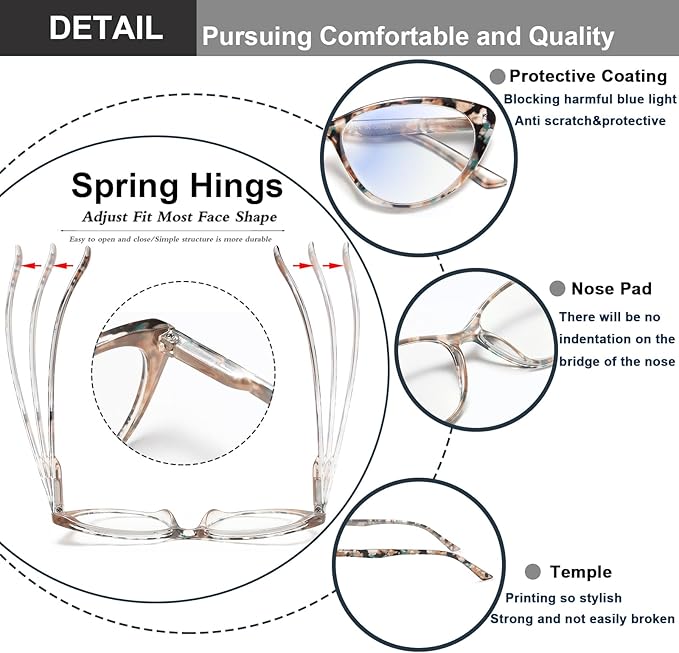 EYEURL Cat Eye Reading Glasses for Women -2 Pack of Blue Light Blocking Readers Spring Hinge Computer Eyeglass with Tortoise/Champagne Pattern Design Readers for women +2.75