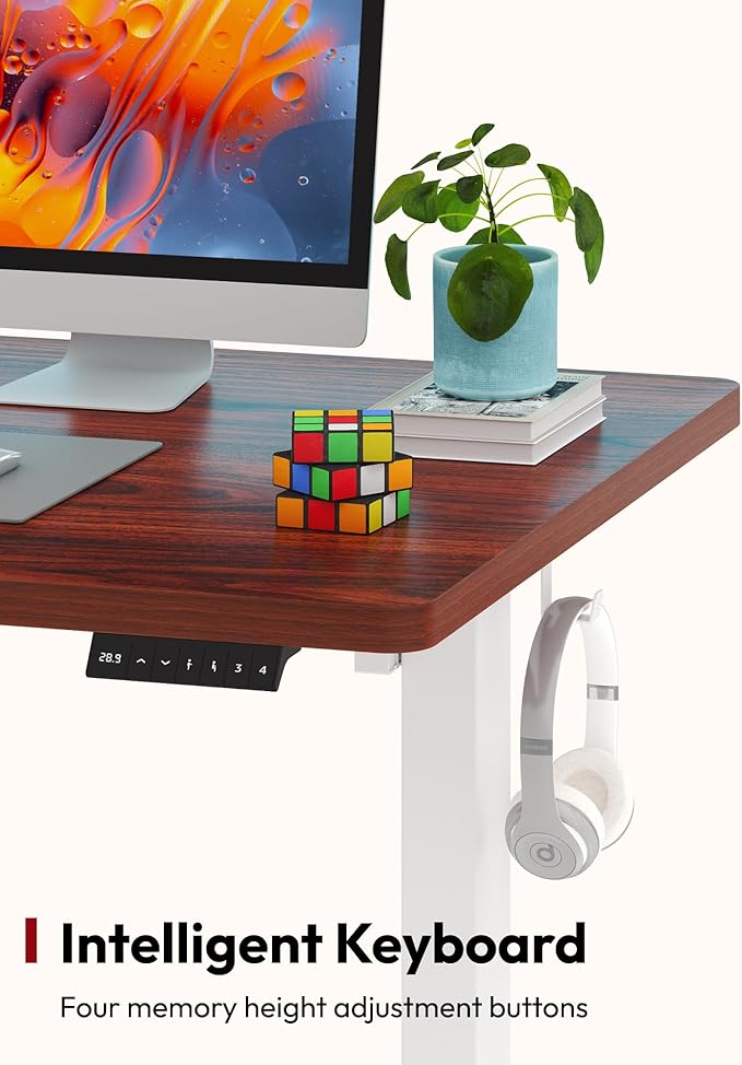 SANODESK Electric Standing Desk 55 x 28 Inches Whole-Piece Desktop Height Adjustable Stand Up Desk w/6-Button Controller Ergonomic Computer Desk for Home Office, White Frame + Mahogany Tabletop