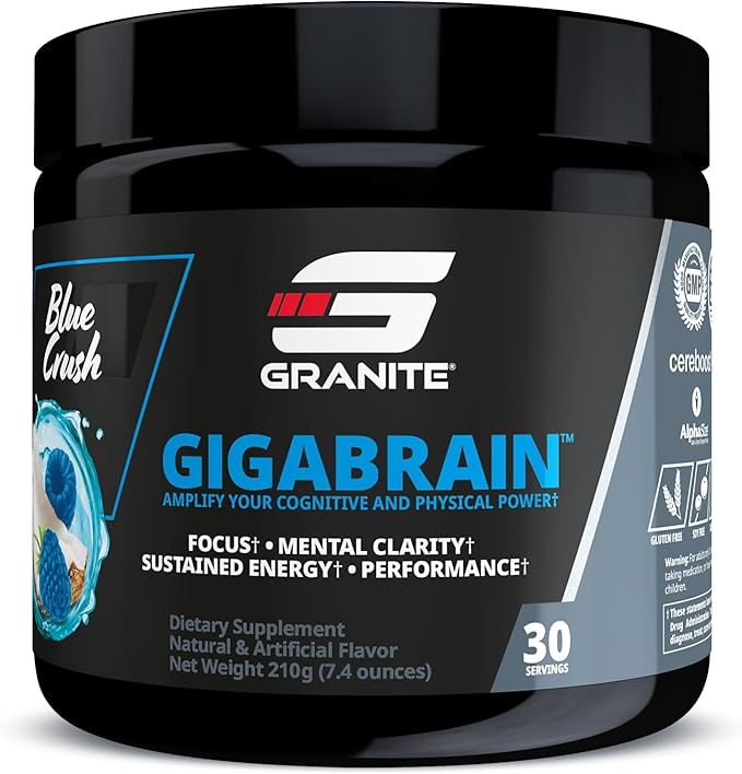 Granite Nutrition GigaBrain Nootropic Energy Powder – Cereboost, Alpha-GPC & ElevATP – Cognitive Focus Supplement for Sustained Energy & Performance – Blue Crush, 30 Servings