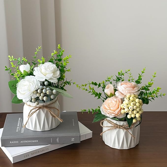 Faux Flowers with Vase, 2pcs Small White Artificial Flowers Arrangement, Potted Plants,Decoration for Bathroom Home Party Office Desk Wedding,Coffee Table Decor (White/Champagne)