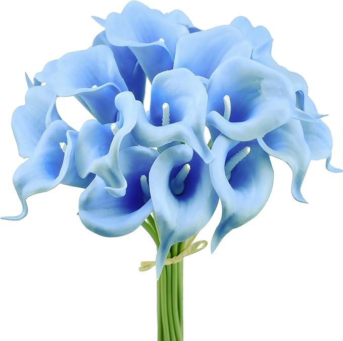 Mandy's PU Light Blue Calla Lily Artificial Flowers 20 Stems 13.5in Faux Realistic Centerpiece DIY Bridal Bouquet Home Décor