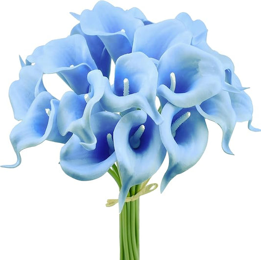 Mandy's PU Light Blue Calla Lily Artificial Flowers 20 Stems 13.5in Faux Realistic Centerpiece DIY Bridal Bouquet Home Décor